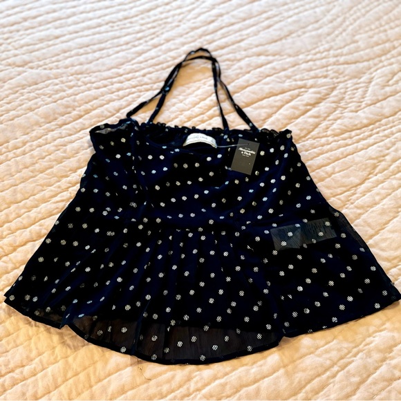 Abercrombie & Fitch Babydoll Cami Style Top Navy and Silver Polka Dot Large NWT - Picture 8 of 13